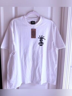 Stussy White Tee with Black Crown S Logo